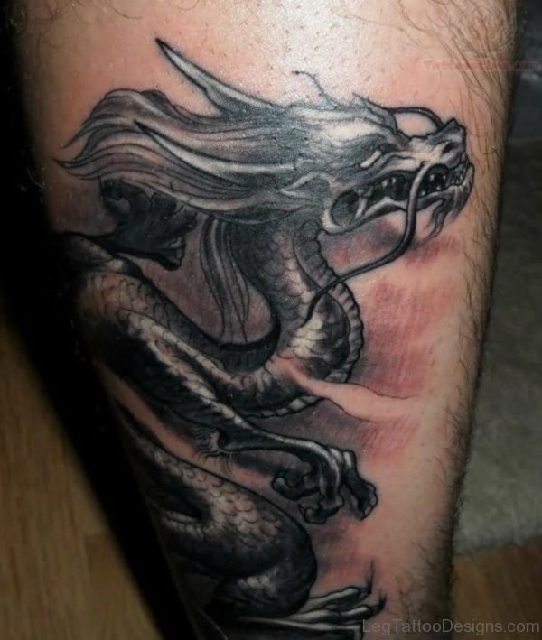 Nice Black Dragon Tattoo on Leg