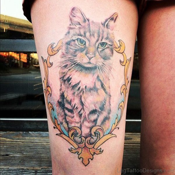 Nice Cat Tattoo On Thigh