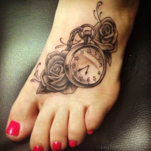 Nice Clock Tattoo On Foot