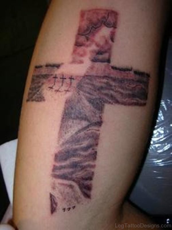 Nice Cross Tattoo Design On Leg