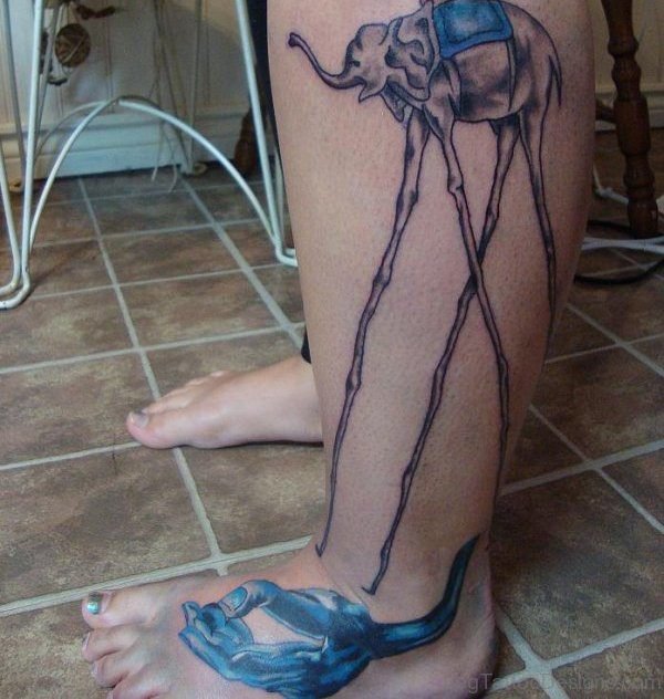 Nice Dali Elephant Tattoo On Leg