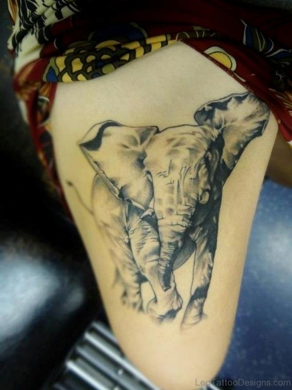 Nice Grey Elephant Ttatoo On Thigh