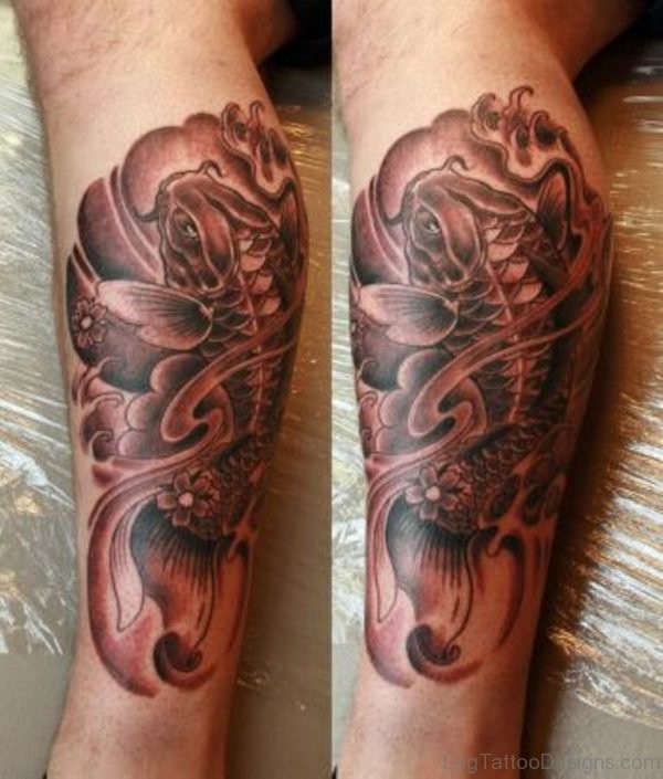 Nice Koi Fish Tattoo On Leg