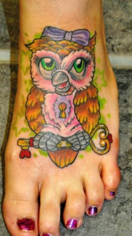 Nice Owl Tattoo On Foot