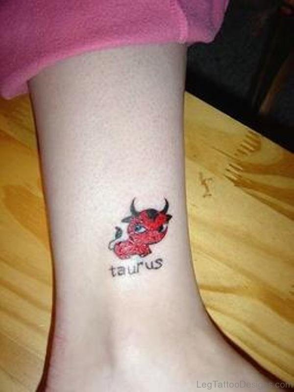 Nice Red Taurus Tattoo On Ankle