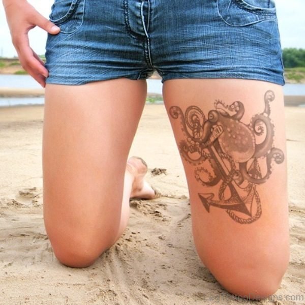 Octopus And Anchor Tattoo On Thigh
