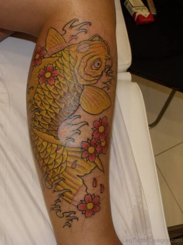 Outline Koi Fish Tattoo On Leg