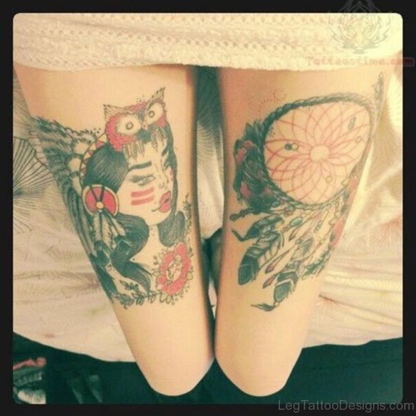 Owl And Pink Rose Flowers And Dreamcatcher Tattoo
