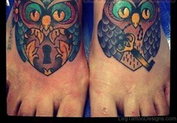 Owl Heart And Key Tattoo On Feet