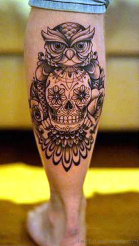 Owl With Skull Tattoo On Calf