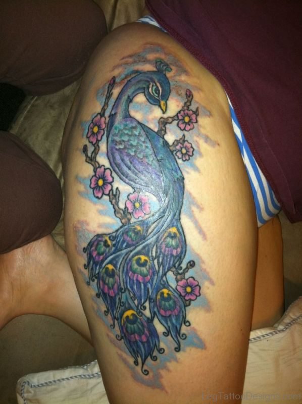 Peacock Bird Tattoo On Thigh