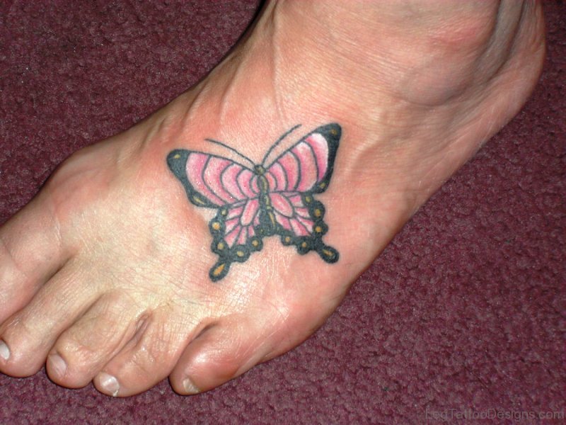 Pink Butterfly Tattoo On Foot.