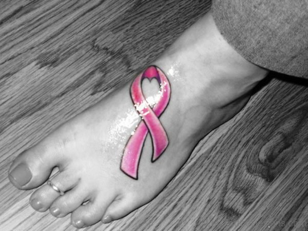 Pink Cancer Ribbon Design On Foot