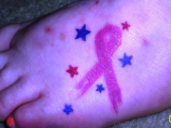 Pink Cancer Ribbon Tattoo With Stars