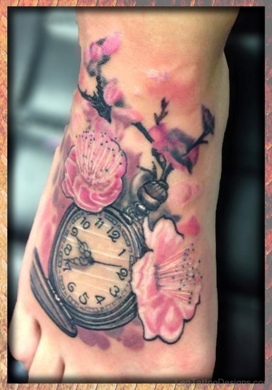 Pink Flower Clock Tattoo On Foot