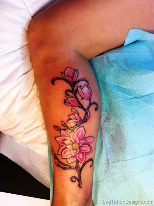 Pink Flower Tattoo On Calf