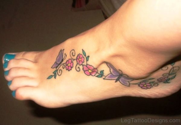 Pink Flowers With Purple Butterflies Tattoo