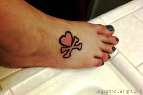 Pink Heart Danger Tattoo On Foot