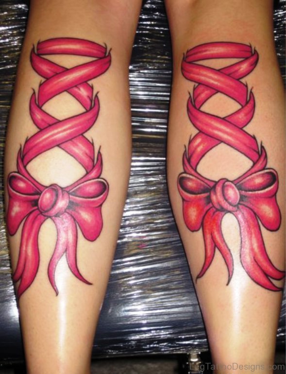 Pink Ribbon Tattoos On Both Calf