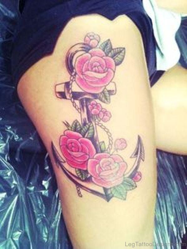 Pink Rose And Anchor Tattoo On Thigh
