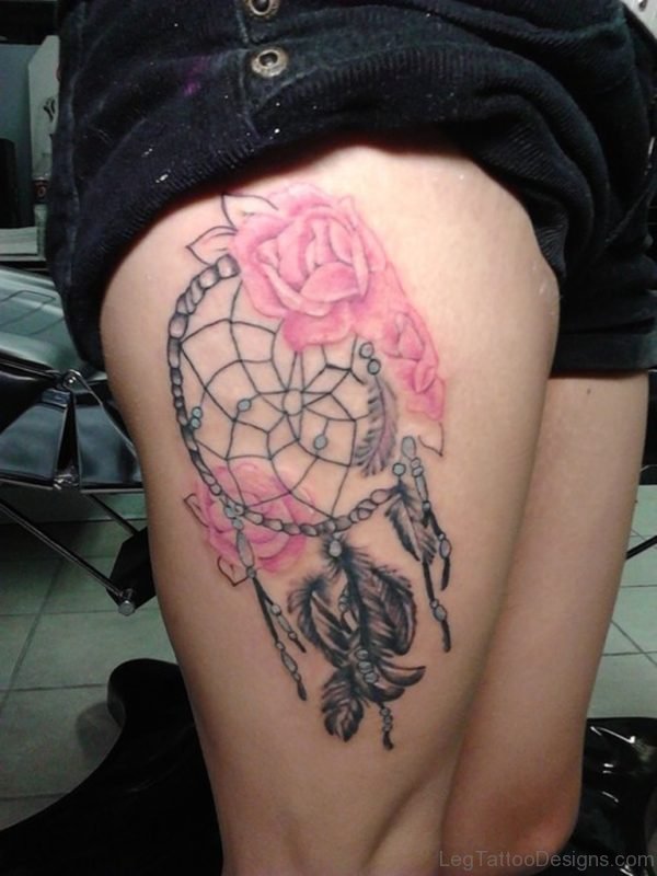 Pink Rose Flowers And Dreamcatcher Tattoo On Side Thigh