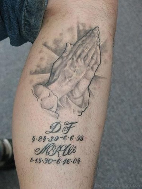 Praying Hands Memorial Tattoo On Leg