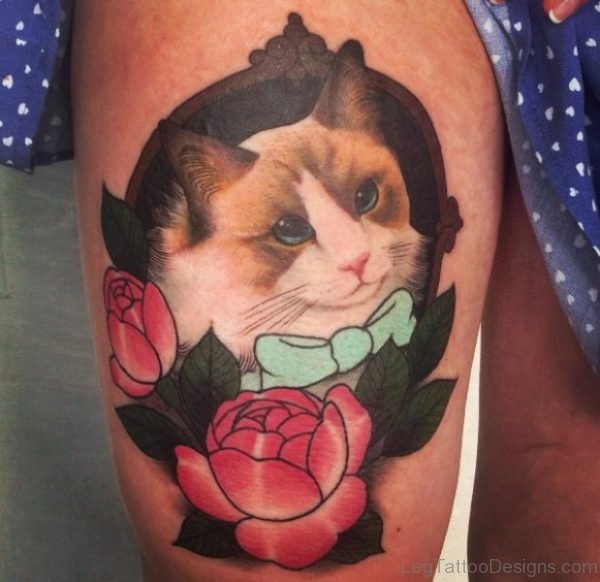 Pretty Cat Tattoo On Thigh