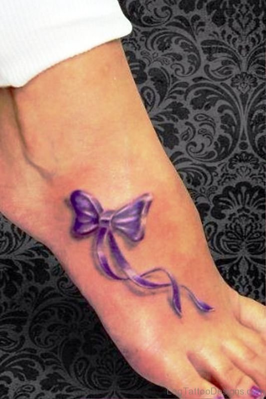 Purple Bow Tattoo On Foot