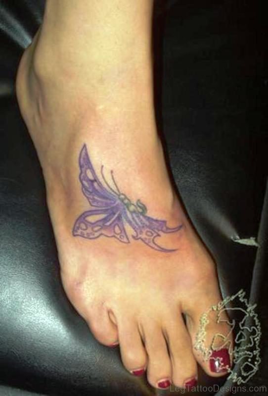 Purple Color Butterfly Tattoo On Foot