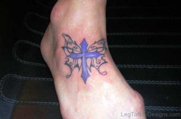 Purple Cross Butterfly Tattoo On Foot