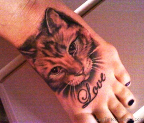 Realistic Cat Tattoo On Foot