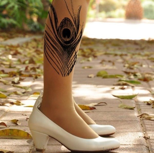 Realistic Peacock Feather Tattoo On Leg