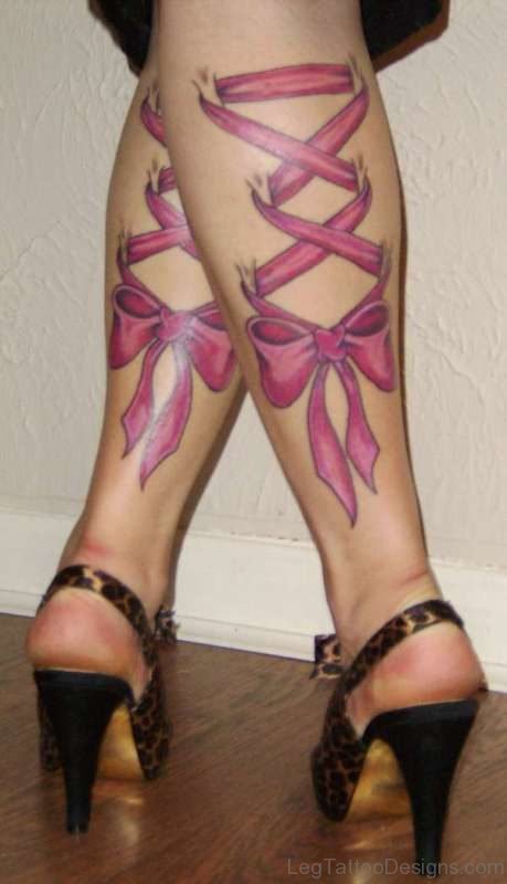 Realistic Ribbon Bow Tattoo On Leg