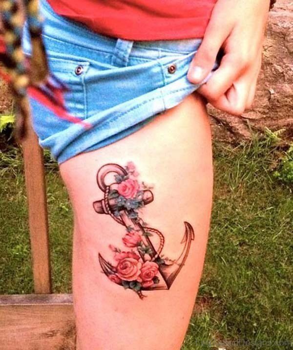 Red Anchor Thigh Tattoo 