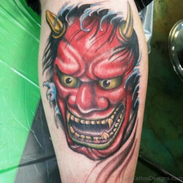 Red Angry Evil Tattoo On Leg