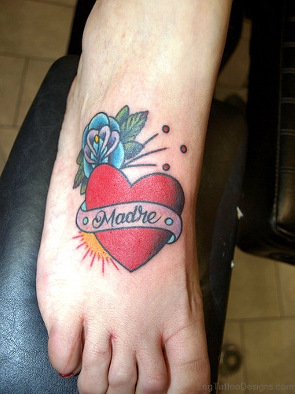 Red Banner Heart Tattoo On Foot