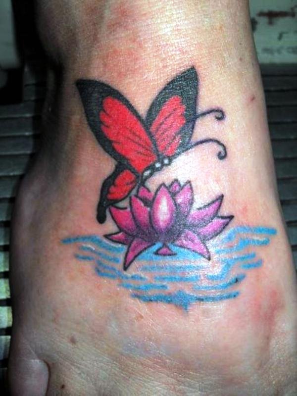 Red Butterfly With Lotus Tattoo On Foot