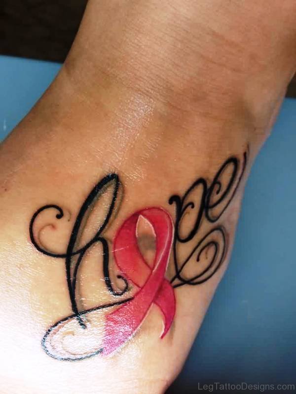 Red Cancer Ribbon Tattoo With Hope