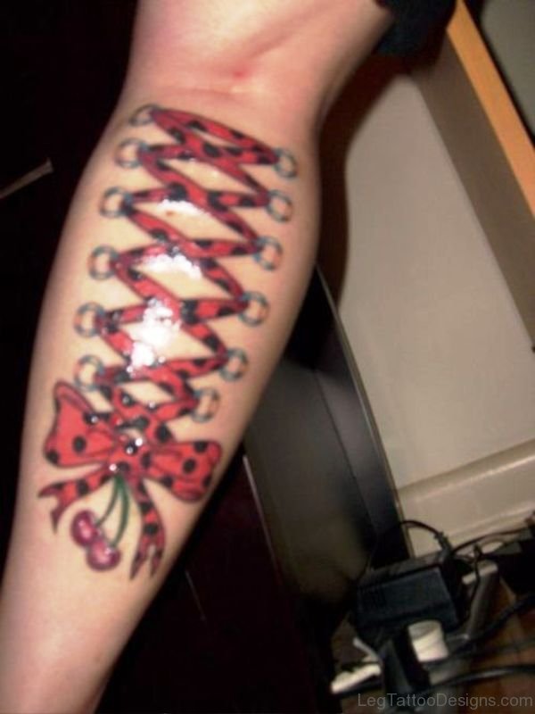 Red Corset Tattoo Design On Leg