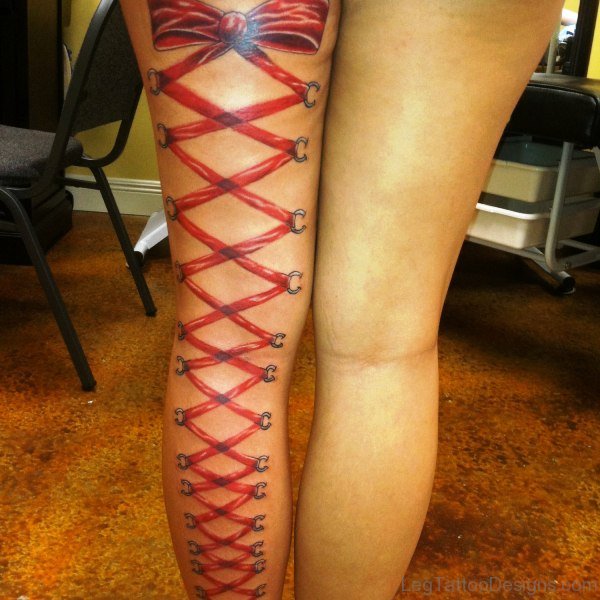 Red Corset Tattoo On Leg