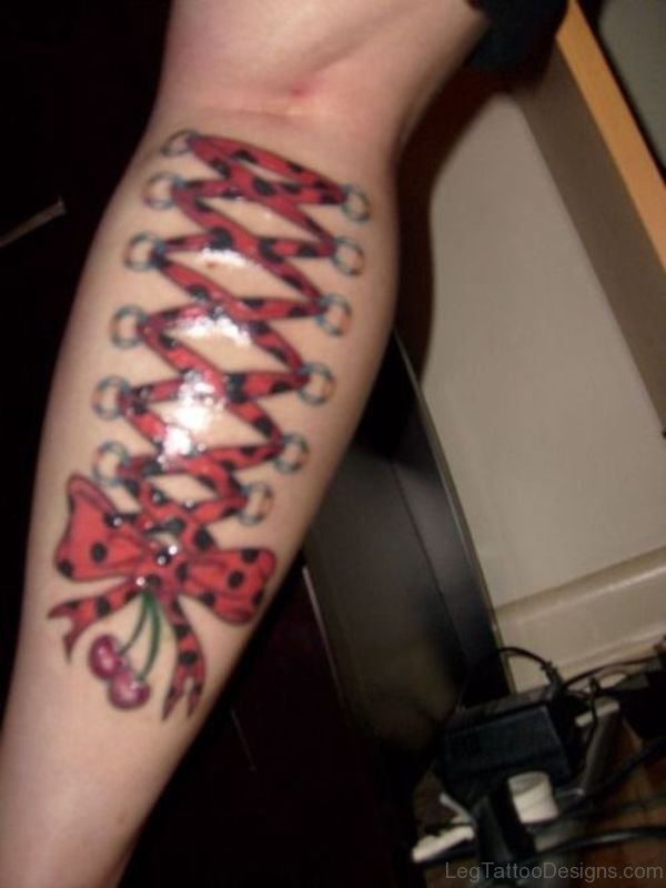 Red Designer Bow Tattoo On Leg