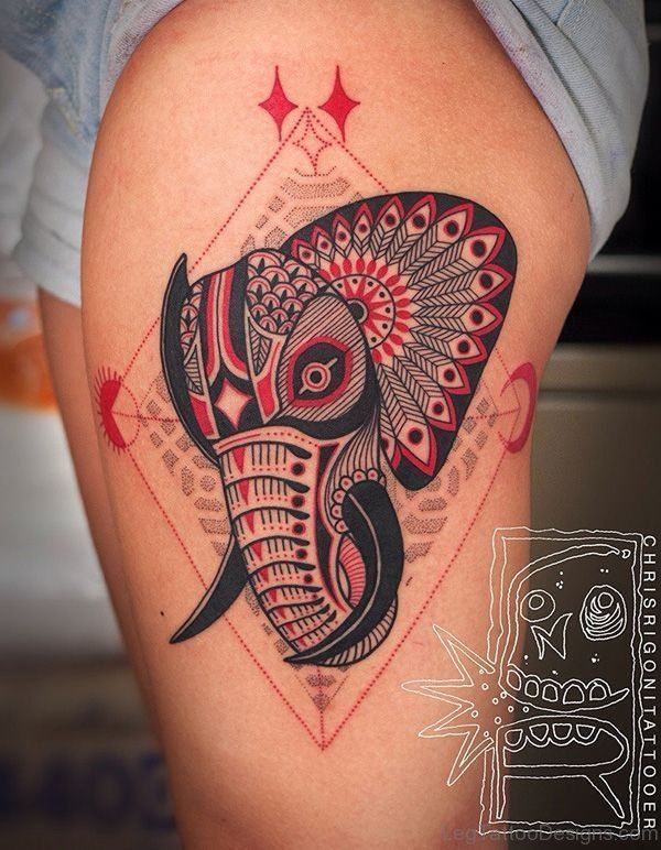 Red Elephant Tattoo On Thigh