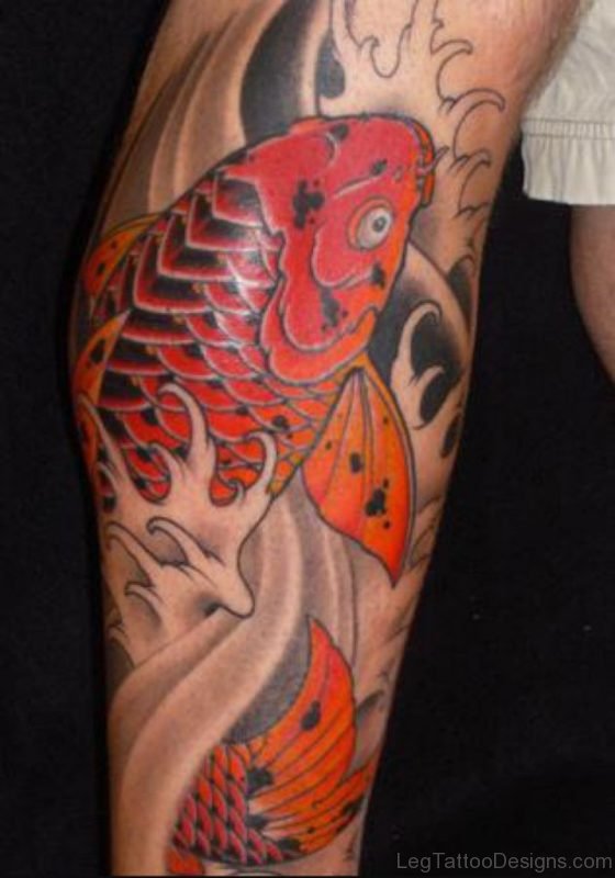 Red Fish Tattoo On Leg