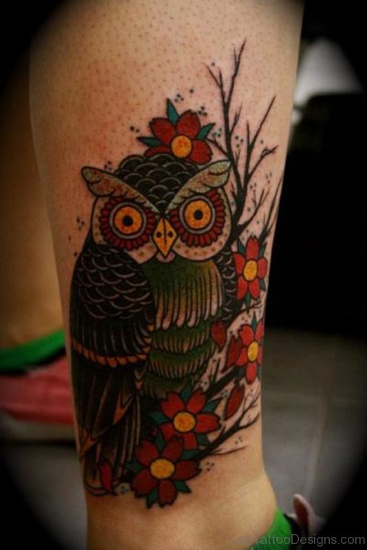 Red Flower And Owl Tattoo