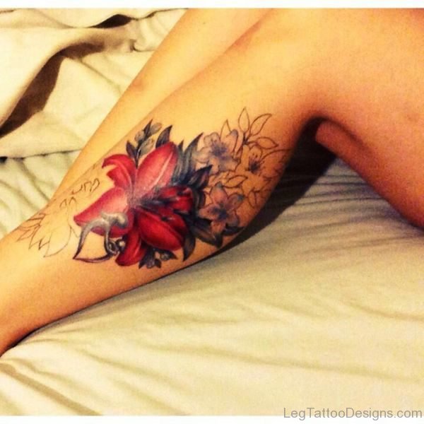 Red Flowers Tattoo On Calf