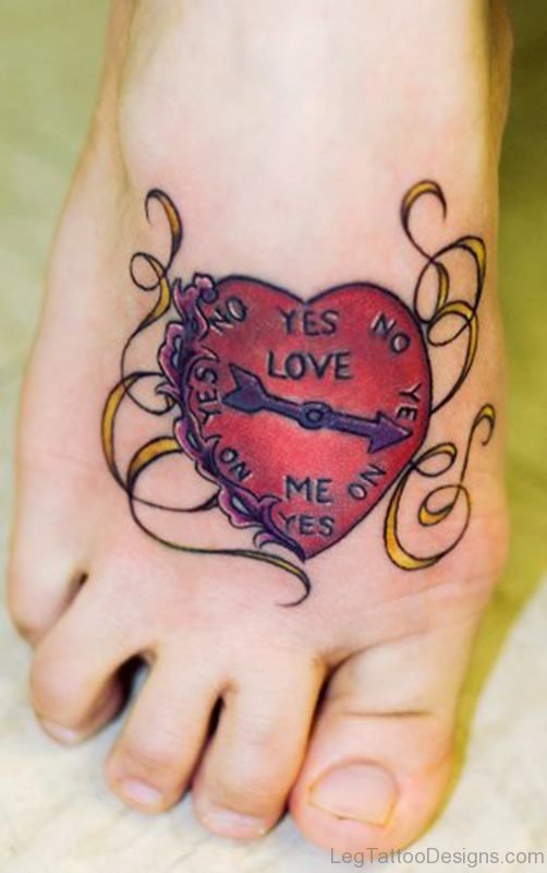 Red Heart Clock Tattoo On Foot