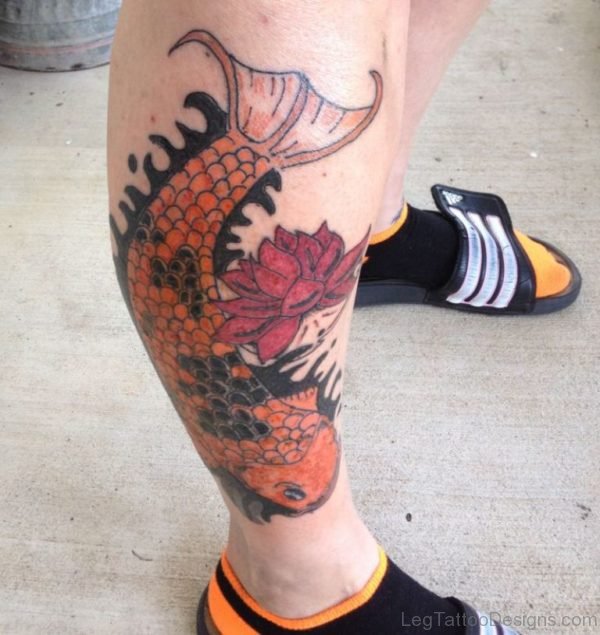 Red Lotus And Fish Tattoo