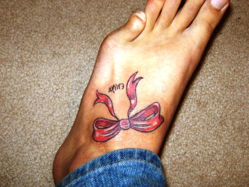 Red Ribbon Bow Tattoo On Foot