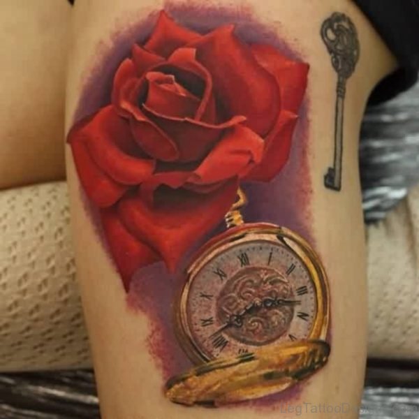 Red Rose And Clock Tattoo