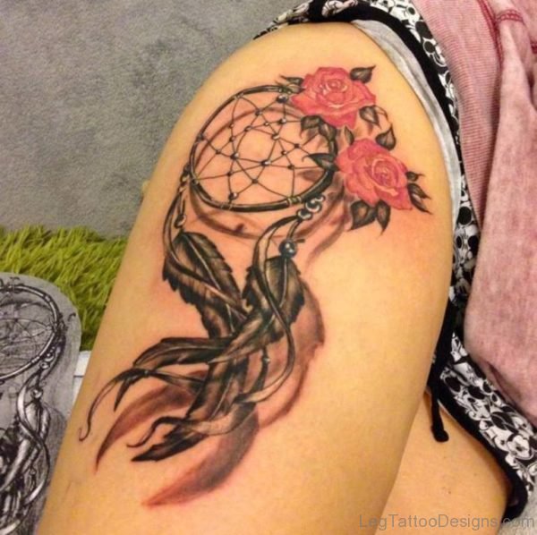 Red Rose And Watercolor Dreamcatcher Tattoo